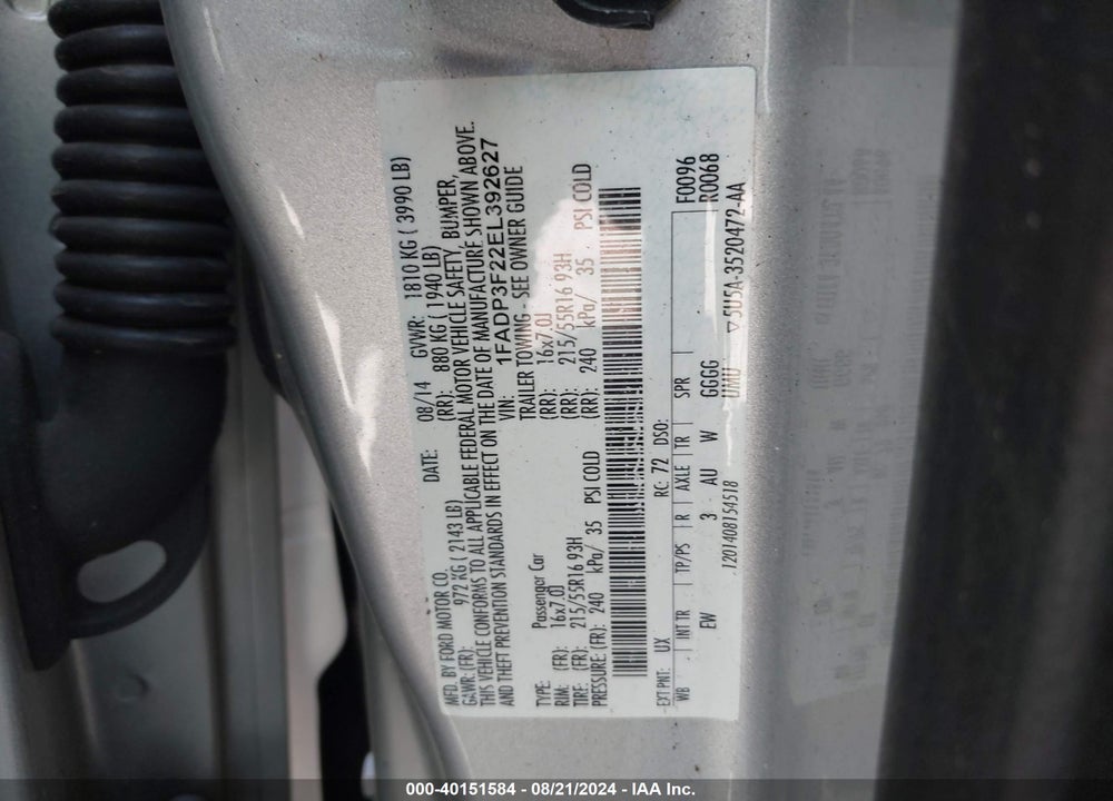 2014 FORD FOCUS SE VIN: 1FADP3F22EL392627