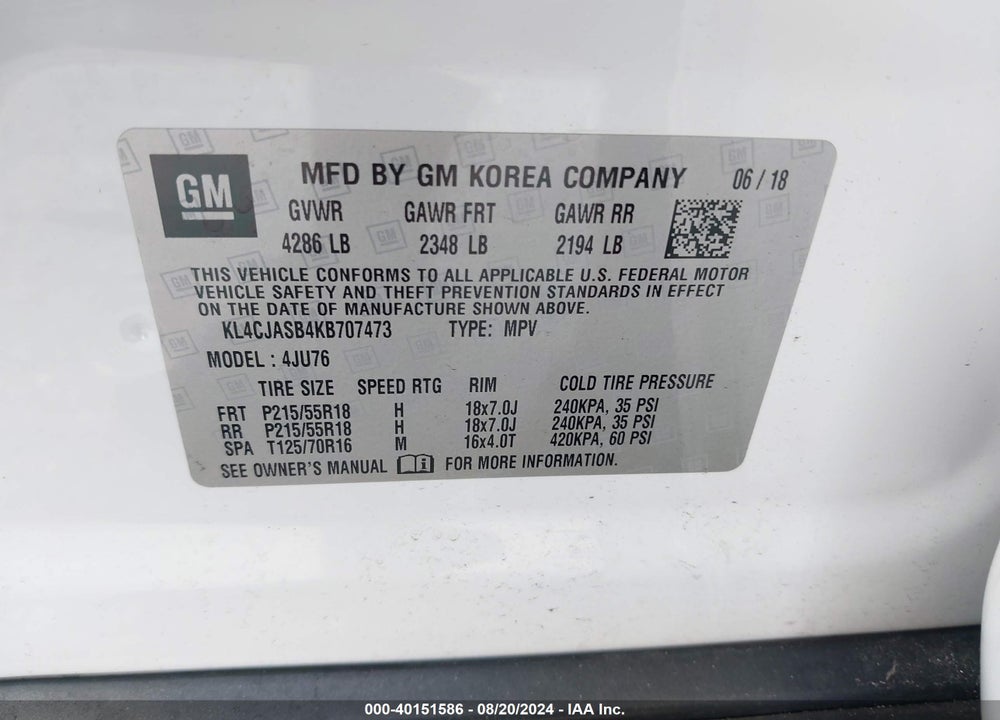 2019 BUICK ENCORE FWD PREFERRED VIN: KL4CJASB4KB707473