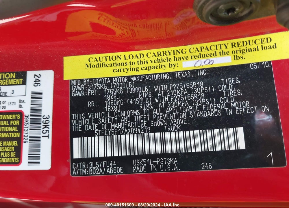 2010 TOYOTA TUNDRA GRADE 5.7L V8 VIN: 5TFEY5F17AX094219