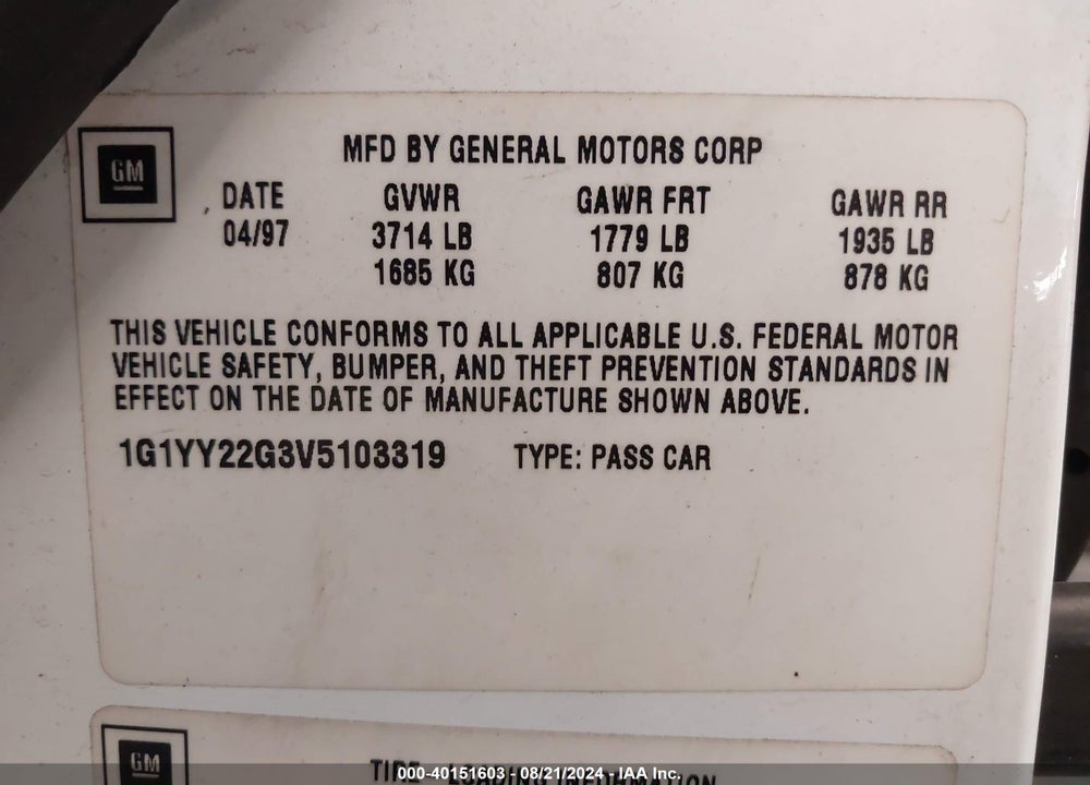 1997 CHEVROLET CORVETTE VIN: 1G1YY22G3V5103319