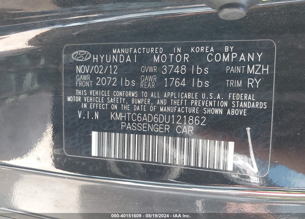 2013 HYUNDAI VELOSTER BASE W/BLACK VIN: KMHTC6AD6DU121862