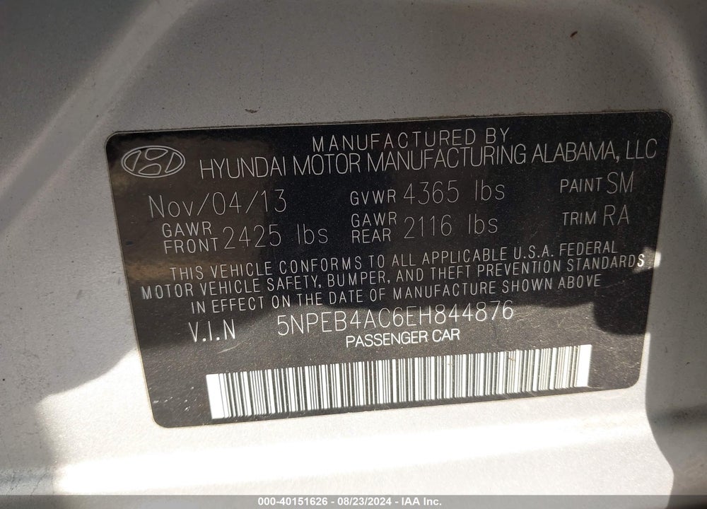 2014 HYUNDAI SONATA GLS VIN: 5NPEB4AC6EH844876