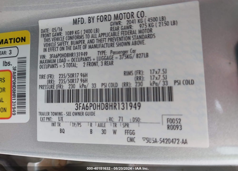 2017 FORD FUSION SE VIN: 3FA6P0HD8HR131949