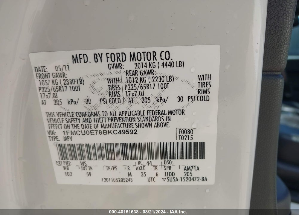 2011 FORD ESCAPE LIMITED VIN: 1FMCU0E78BKC49592