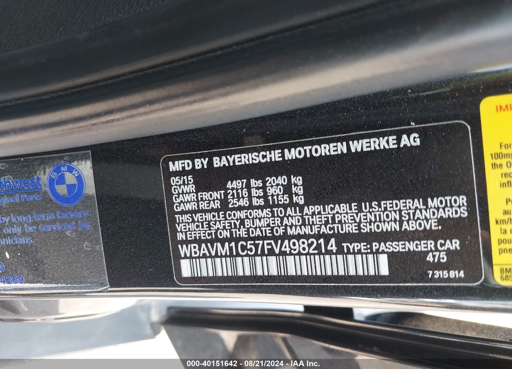 2015 BMW X1 SDRIVE28I VIN: WBAVM1C57FV498214