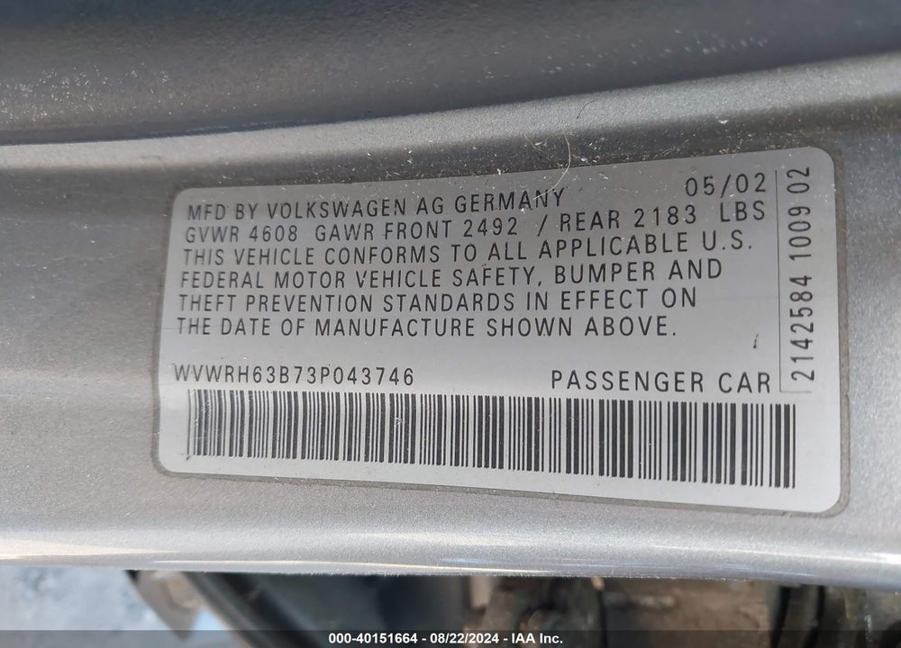 2003 VOLKSWAGEN PASSAT GLX VIN: WVWRH63B73P043746