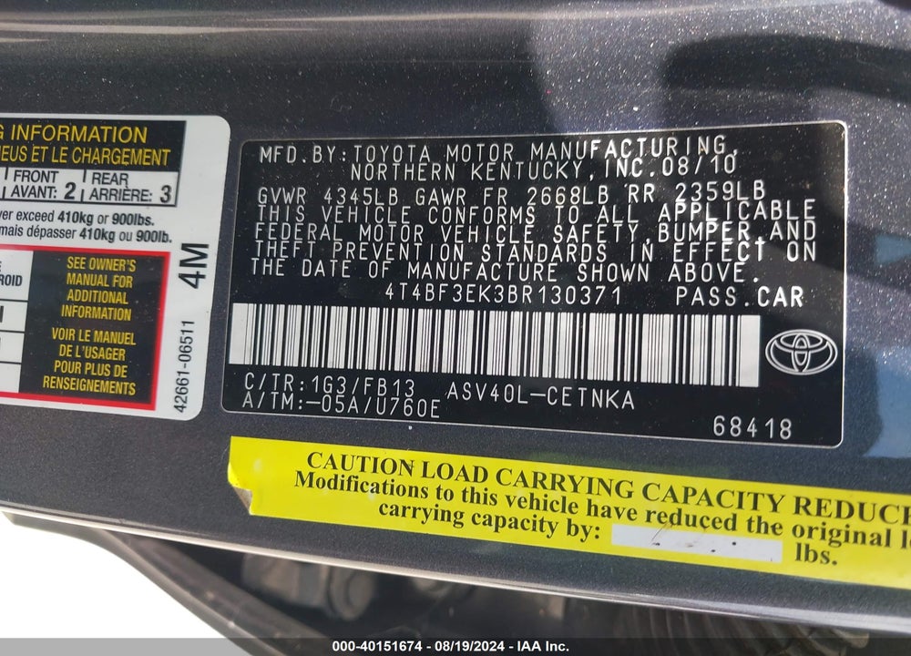 2011 TOYOTA CAMRY LE VIN: 4T4BF3EK3BR130371