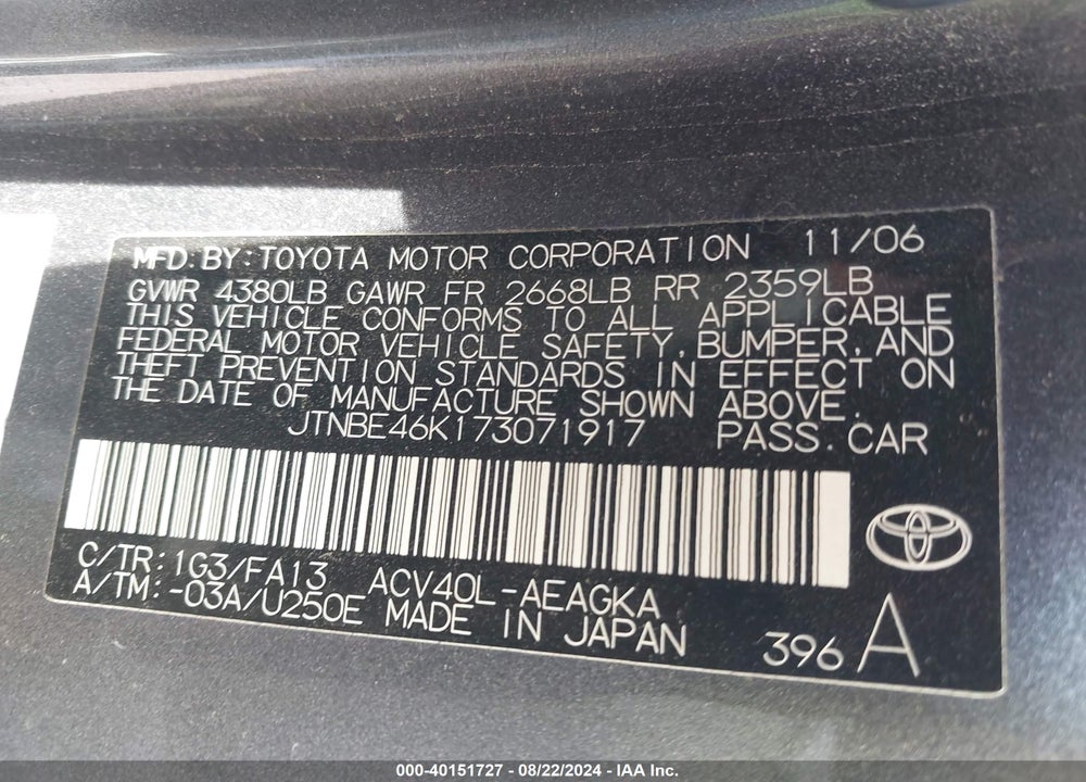 2007 TOYOTA CAMRY XLE VIN: JTNBE46K173071917