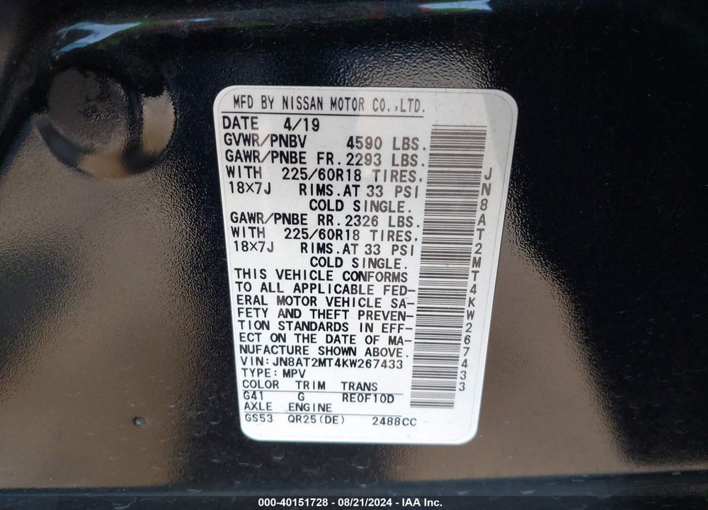2019 NISSAN ROGUE SV VIN: JN8AT2MT4KW267433