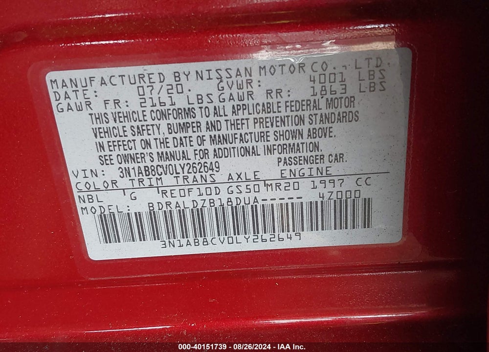 2020 NISSAN SENTRA SV XTRONIC CVT VIN: 3N1AB8CV0LY262649