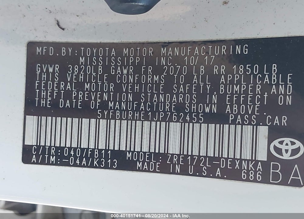 2018 TOYOTA COROLLA LE VIN: 5YFBURHE1JP762455