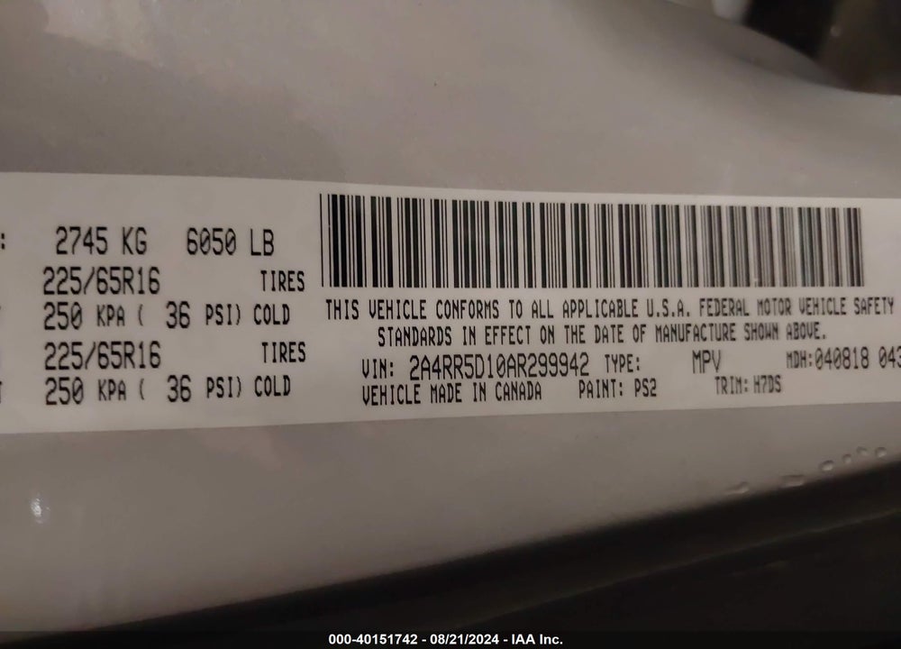 2010 CHRYSLER TOWN & COUNTRY TOURING VIN: 2A4RR5D10AR299942