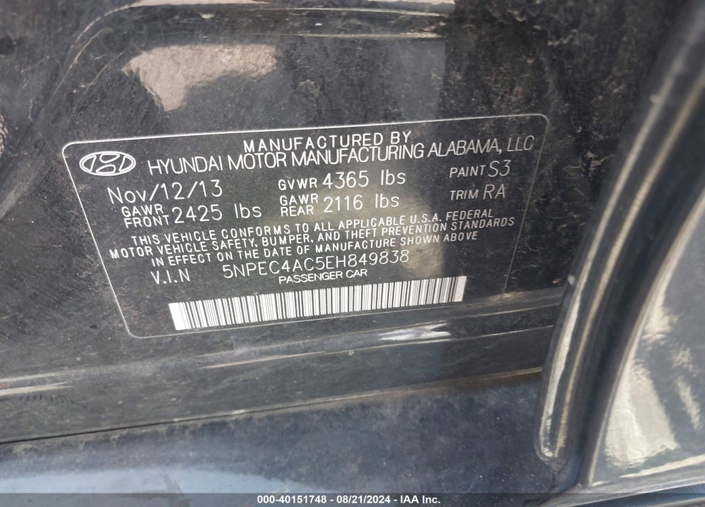 2014 HYUNDAI SONATA LIMITED VIN: 5NPEC4AC5EH849838