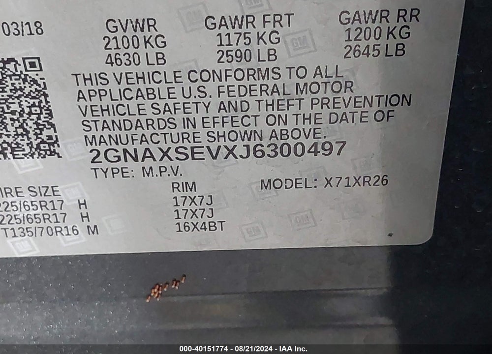 2018 CHEVROLET EQUINOX LT VIN: 2GNAXSEVXJ6300497