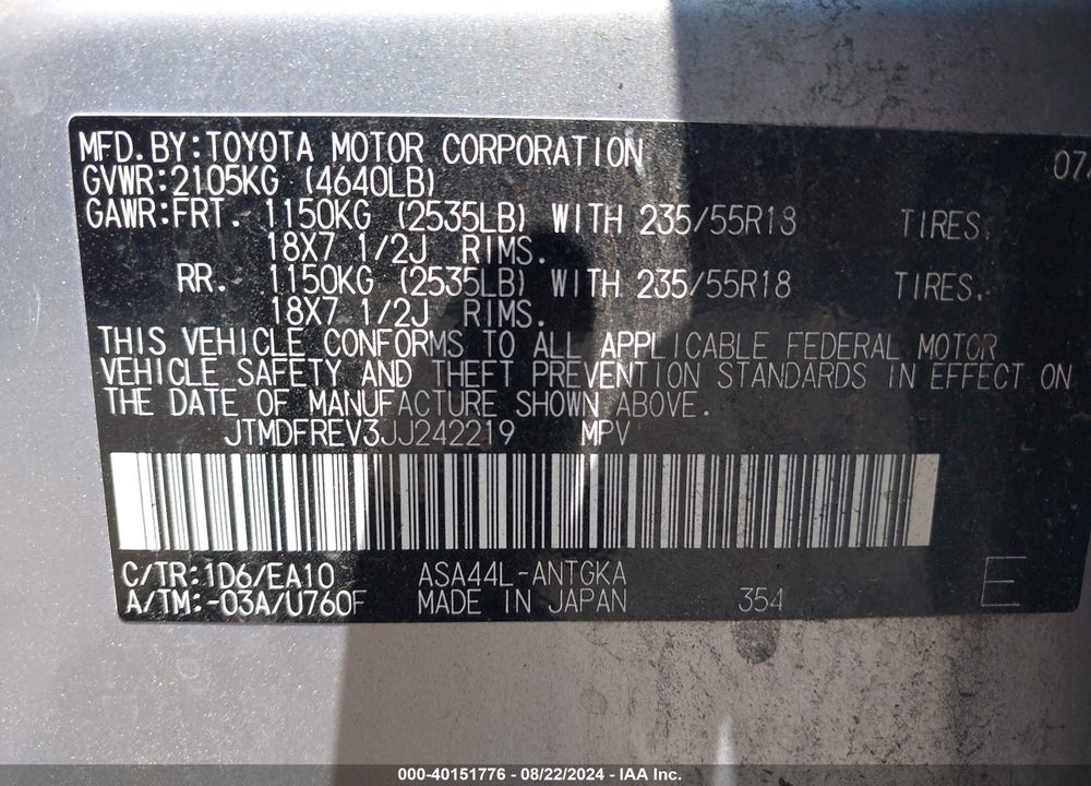 2018 TOYOTA RAV4 LIMITED VIN: JTMDFREV3JJ242219