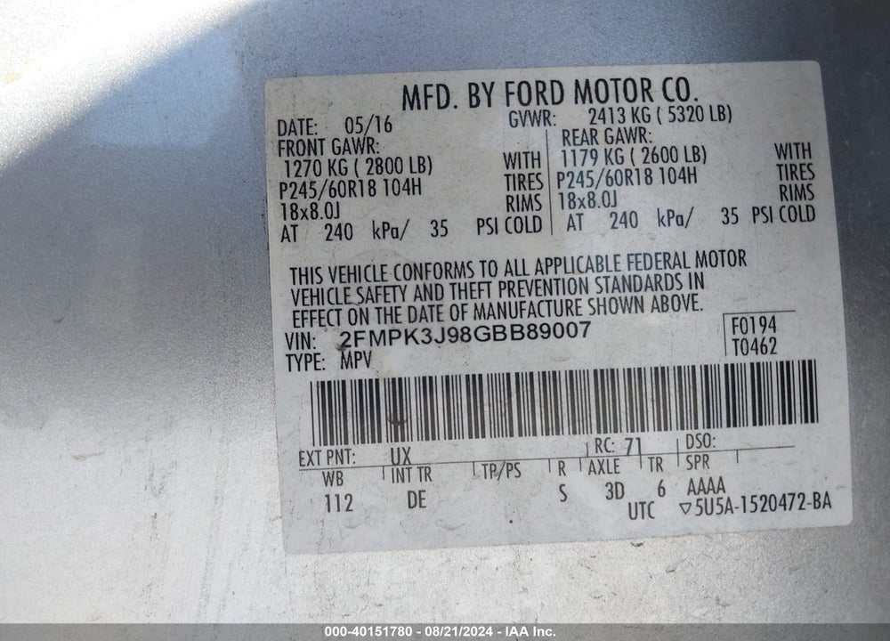 2016 FORD EDGE SEL VIN: 2FMPK3J98GBB89007