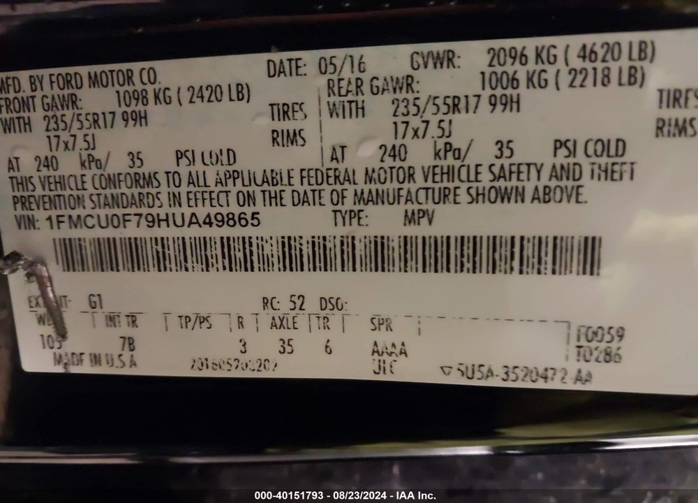 2017 FORD ESCAPE S VIN: 1FMCU0F79HUA49865