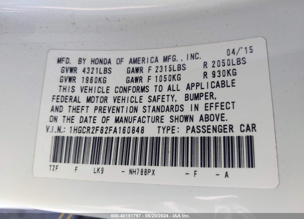 2015 HONDA ACCORD EX-L VIN: 1HGCR2F82FA160848