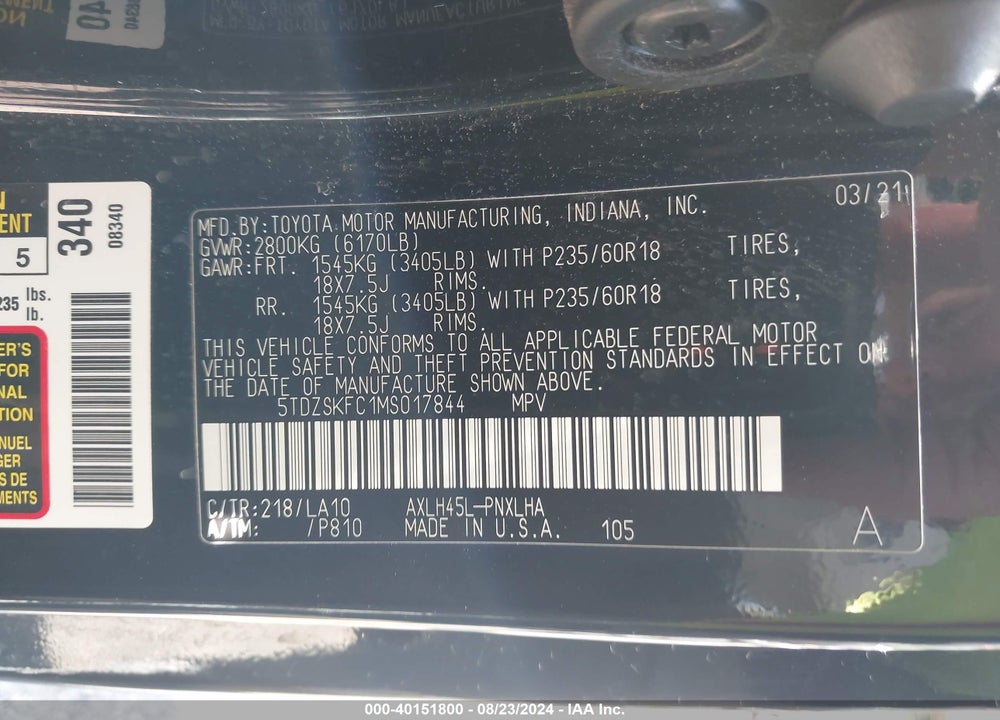 2021 TOYOTA SIENNA LIMITED VIN: 5TDZSKFC1MS017844