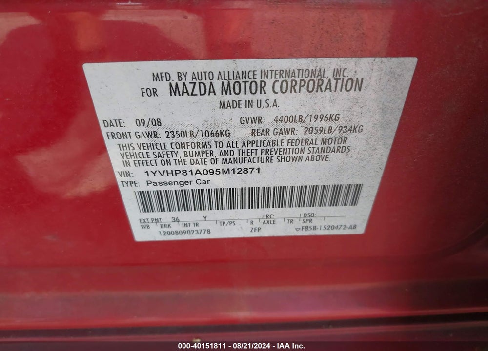 2009 MAZDA 6 I SPORT VIN: 1YVHP81A095M12871