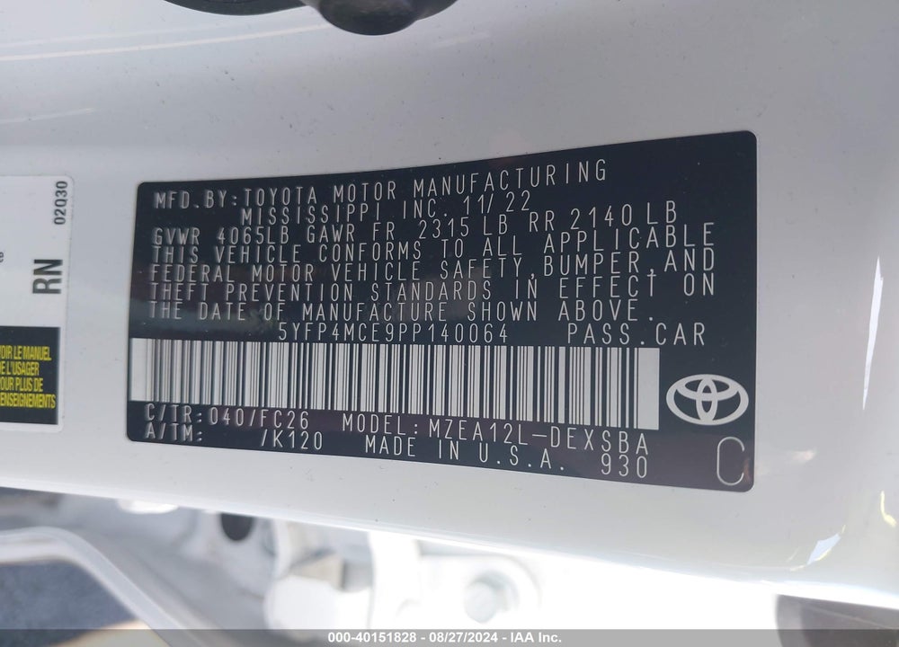 2023 TOYOTA COROLLA SE VIN: 5YFP4MCE9PP140064