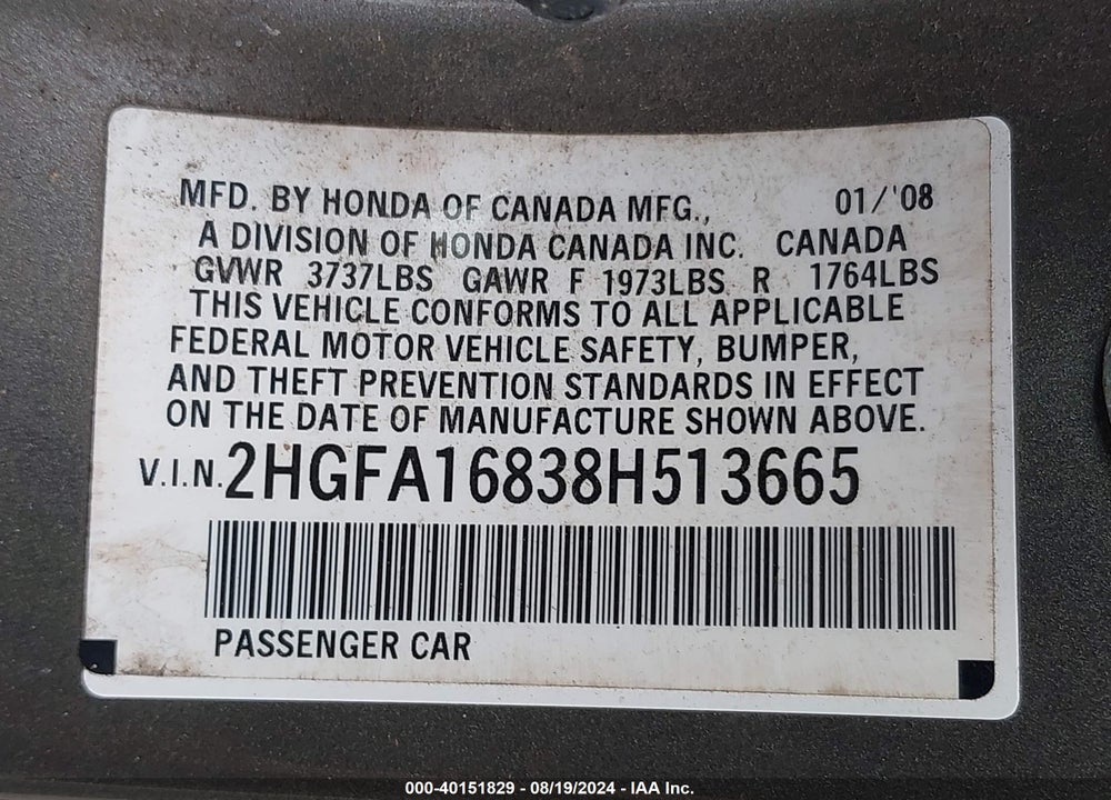 2008 HONDA CIVIC EX VIN: 2HGFA16838H513665