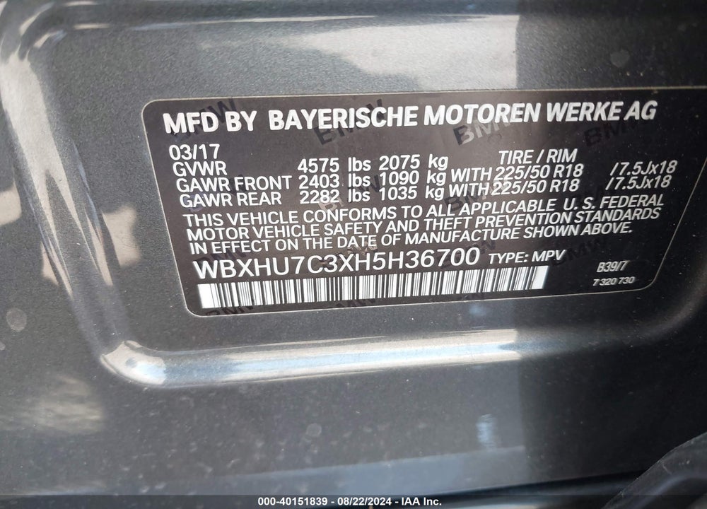 2017 BMW X1 SDRIVE28I VIN: WBXHU7C3XH5H36700