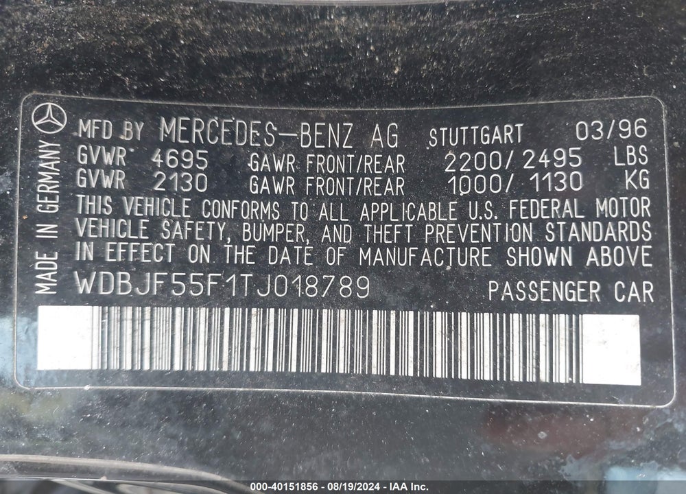 1996 MERCEDES-BENZ E 320 VIN: WDBJF55F1TJ018789