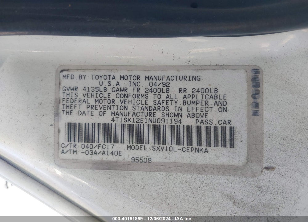 1992 TOYOTA CAMRY LE VIN: 4T1SK12E1NU091194