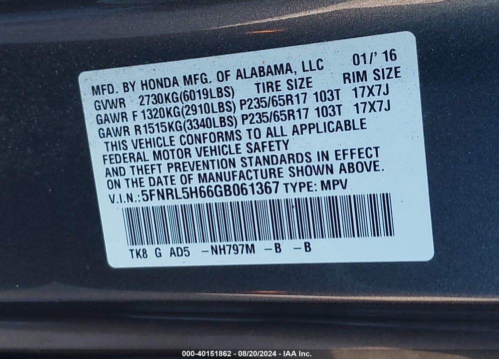 2016 HONDA ODYSSEY EX-L VIN: 5FNRL5H66GB061367