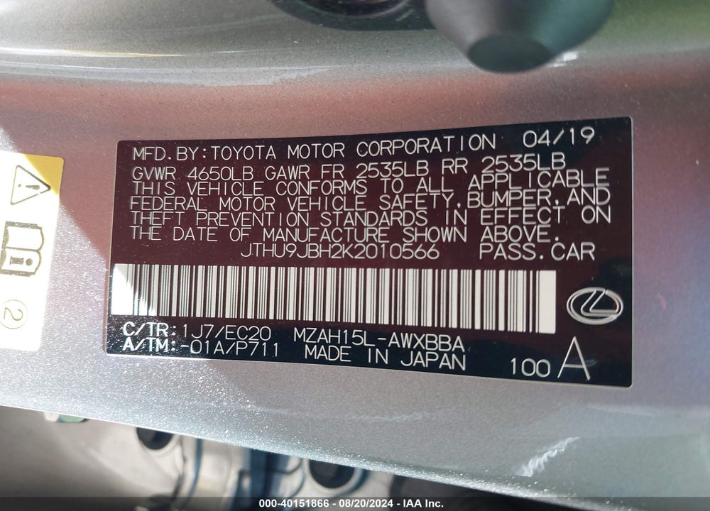 2019 LEXUS UX 250H VIN: JTHU9JBH2K2010566