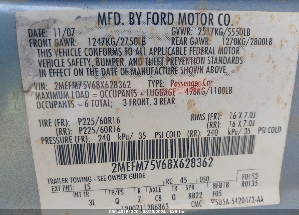 2008 MERCURY GRAND MARQUIS LS VIN: 2MEFM75V68X628362
