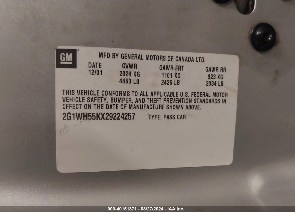 2002 CHEVROLET IMPALA LS VIN: 2G1WH55KX29224257