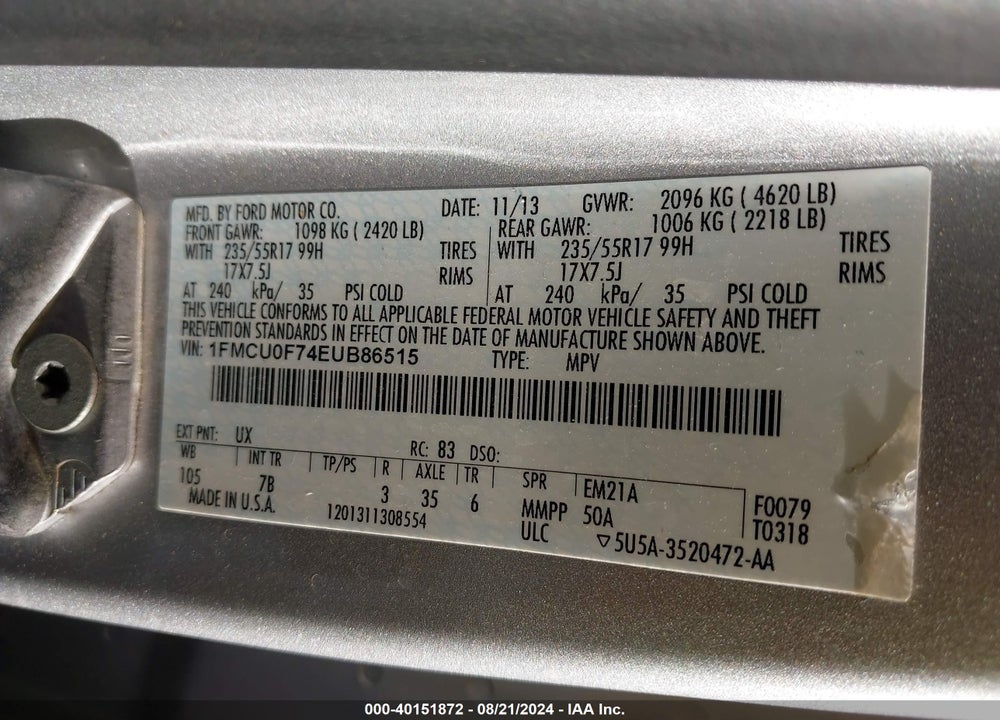 2014 FORD ESCAPE S VIN: 1FMCU0F74EUB86515