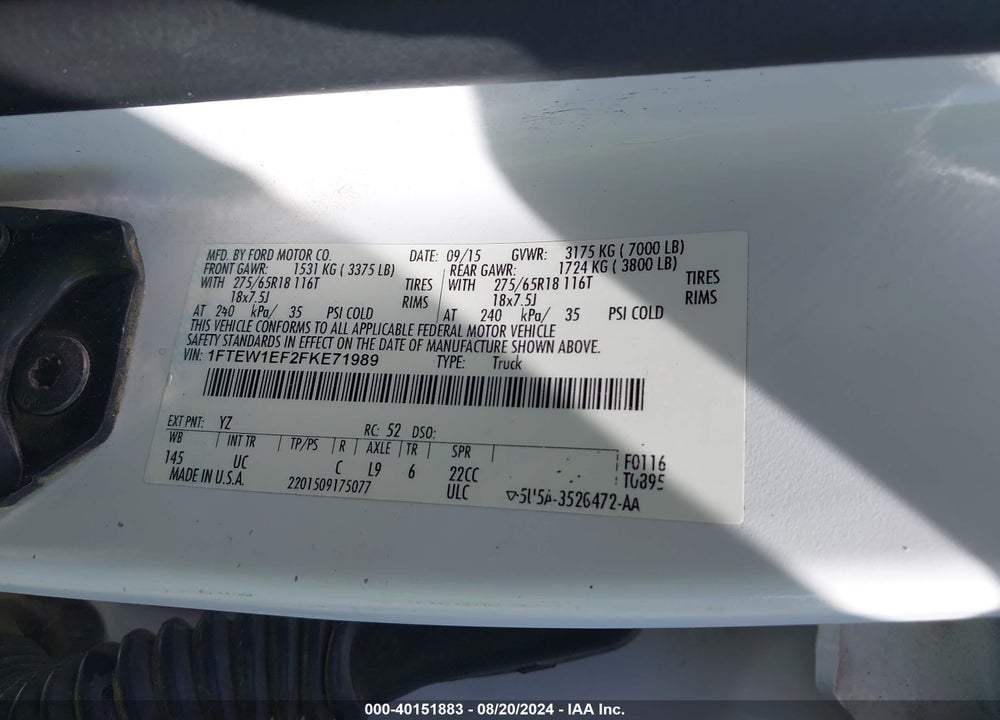 2015 FORD F-150 XLT VIN: 1FTEW1EF2FKE71989