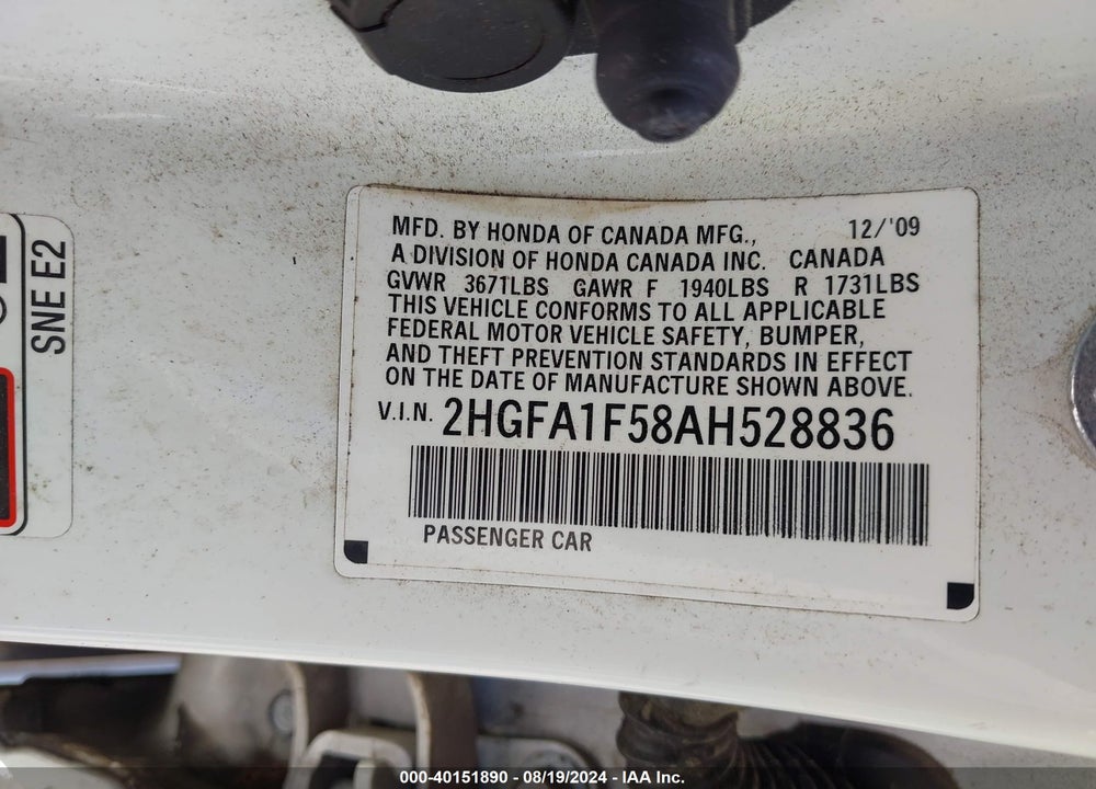 2010 HONDA CIVIC LX VIN: 2HGFA1F58AH528836