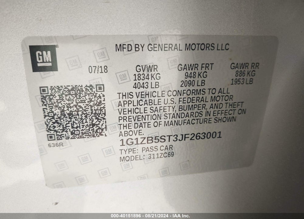 2018 CHEVROLET MALIBU 1LS VIN: 1G1ZB5ST3JF263001