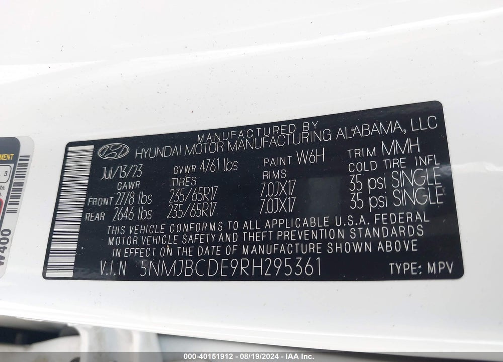 2024 HYUNDAI TUCSON SEL VIN: 5NMJBCDE9RH295361