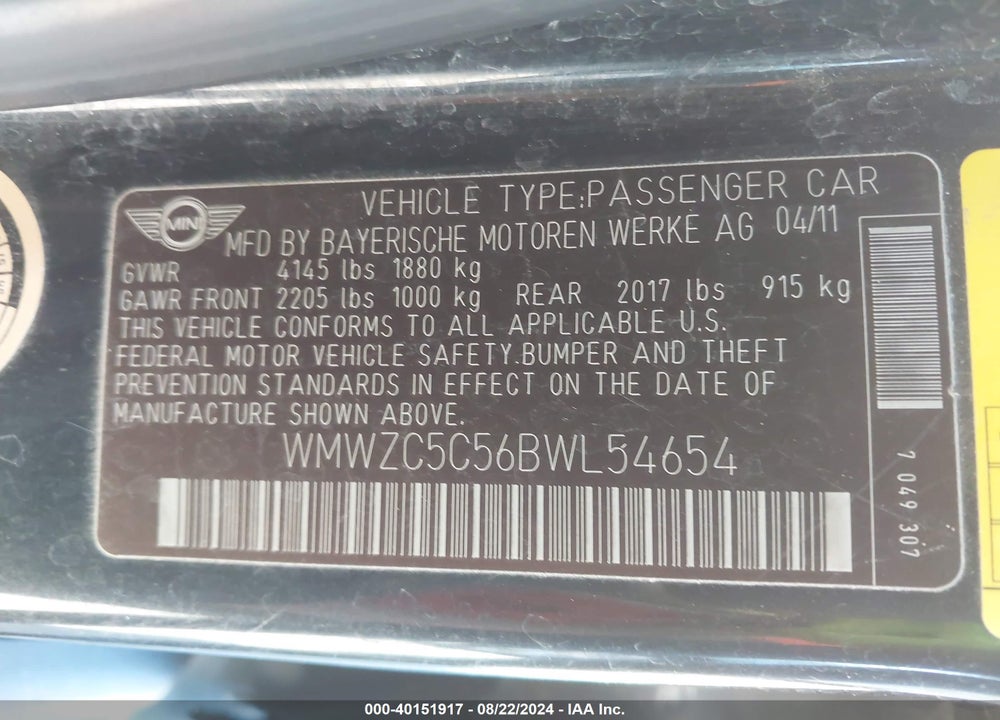 2011 MINI COOPER S COUNTRYMAN VIN: WMWZC5C56BWL54654