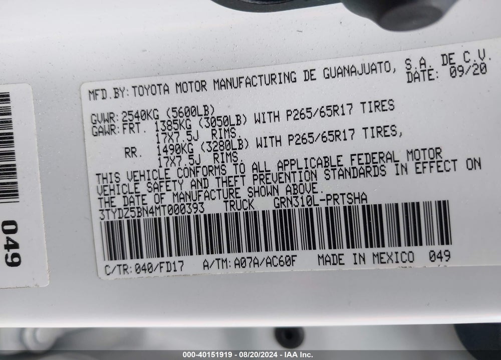 2021 TOYOTA TACOMA TRD SPORT VIN: 3TYDZ5BN4MT000393