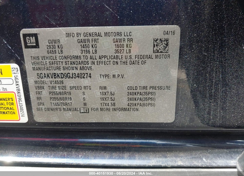2016 BUICK ENCLAVE LEATHER VIN: 5GAKVBKD9GJ340274