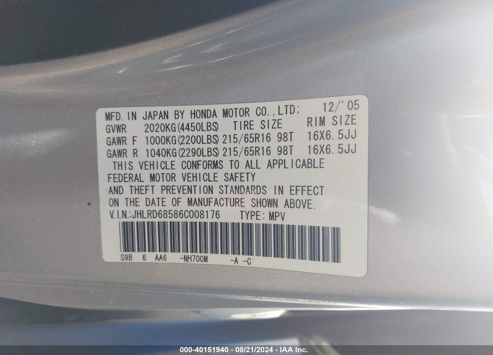 2006 HONDA CR-V LX VIN: JHLRD68586C008176