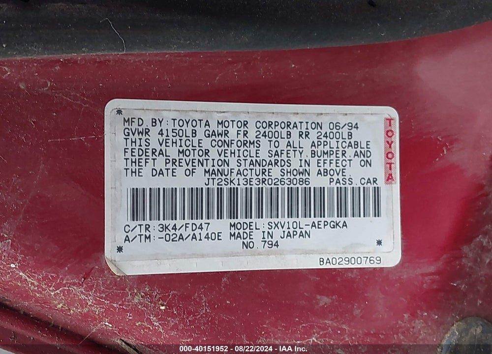 1994 TOYOTA CAMRY XLE VIN: JT2SK13E3R0263086