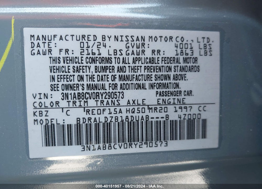 2024 NISSAN SENTRA SV XTRONIC CVT VIN: 3N1AB8CV0RY290573