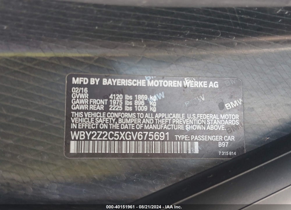 2016 BMW I8 VIN: WBY2Z2C5XGV675691