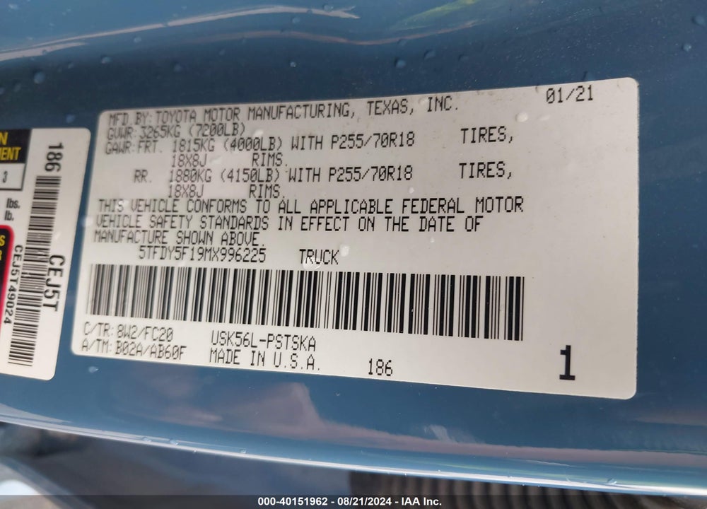 2021 TOYOTA TUNDRA SR5 VIN: 5TFDY5F19MX996225