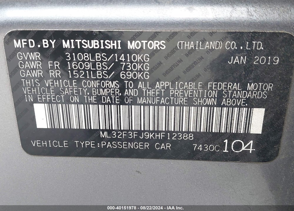 2019 MITSUBISHI MIRAGE G4 VIN: ML32F3FJ9KHF12388
