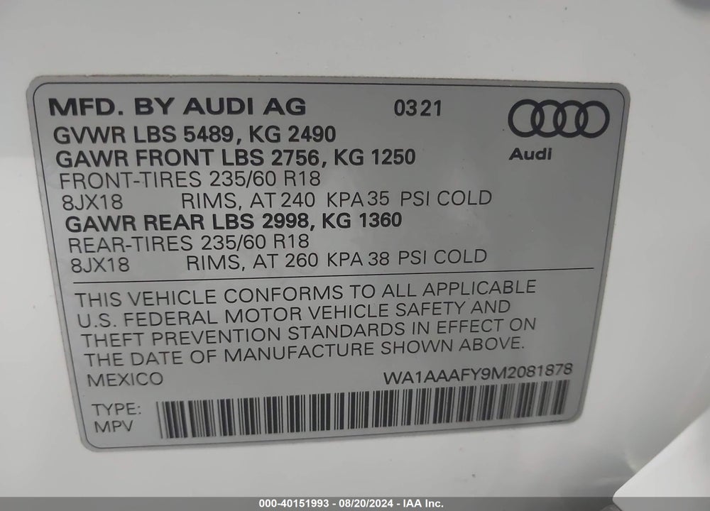 2021 AUDI Q5 PREMIUM 45 TFSI QUATTRO S TRONIC VIN: WA1AAAFY9M2081878