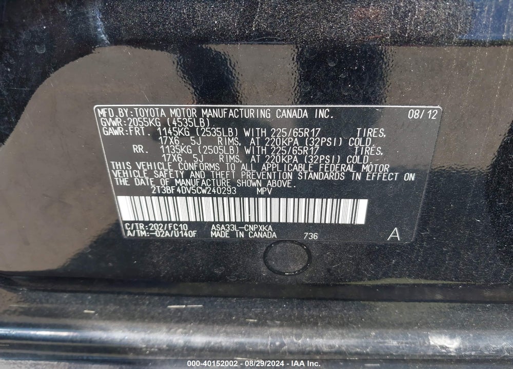 2012 TOYOTA RAV4 VIN: 2T3BF4DV5CW240293