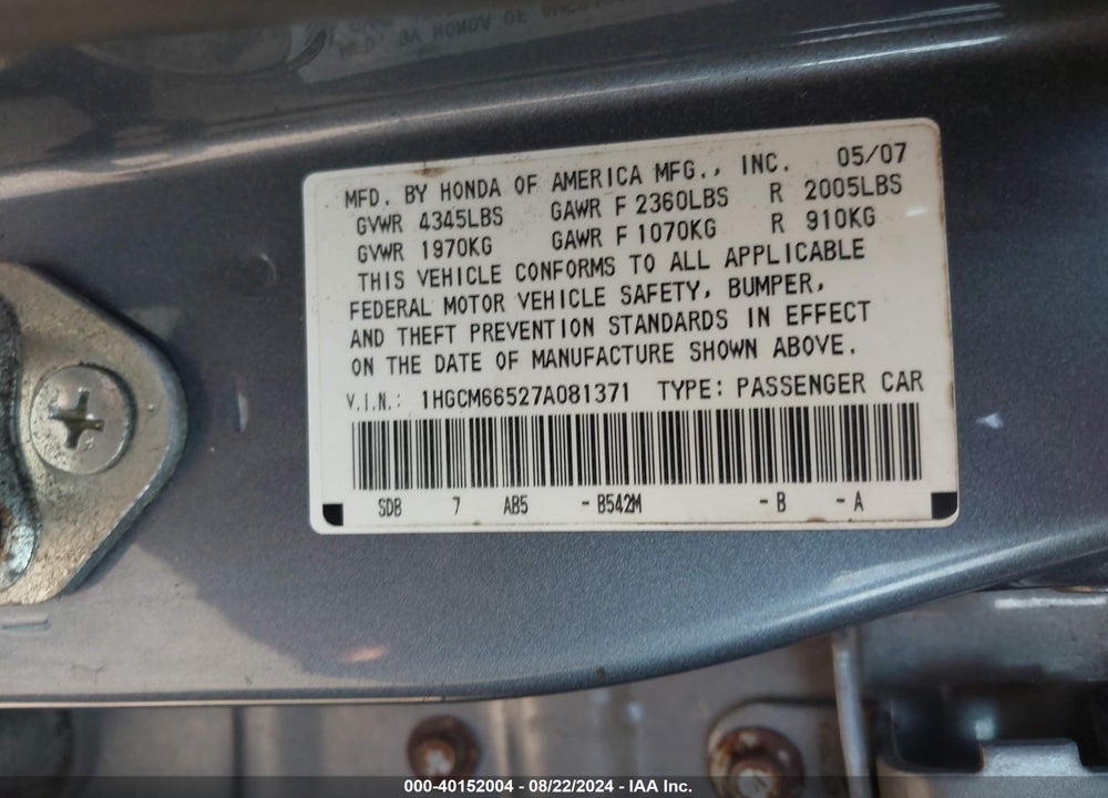 2007 HONDA ACCORD 3.0 EX VIN: 1HGCM66527A081371